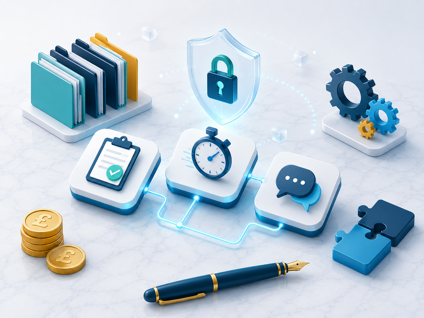 Illustration of connected workflow blocks - accuracy clipboard, reliability stopwatch, communication chat bubble - protected by a confidentiality shield with flexible puzzle pieces and gears