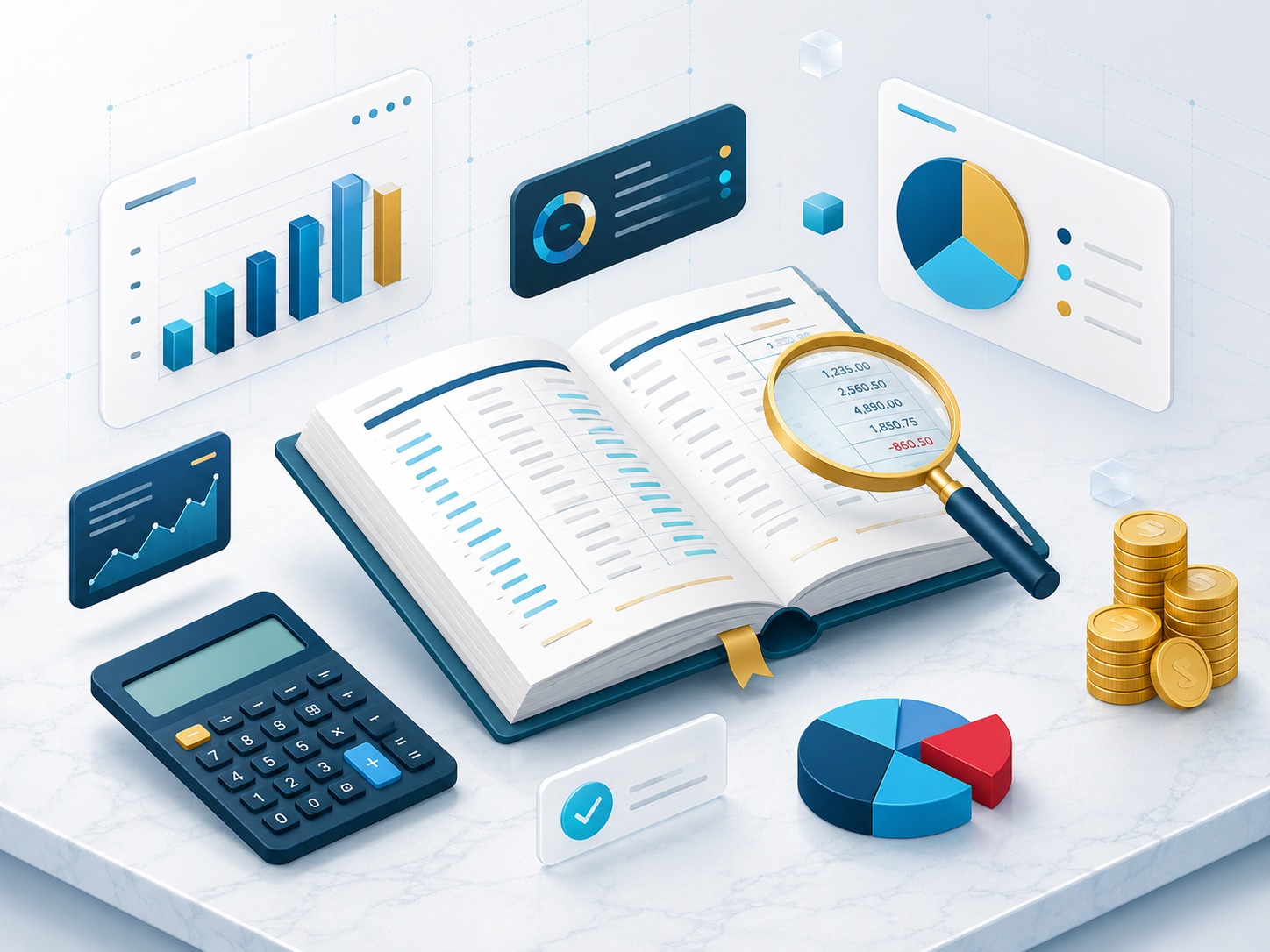 Illustration of an open ledger book, charts, calculator and coins representing Edgewise's accounting and financial reporting services